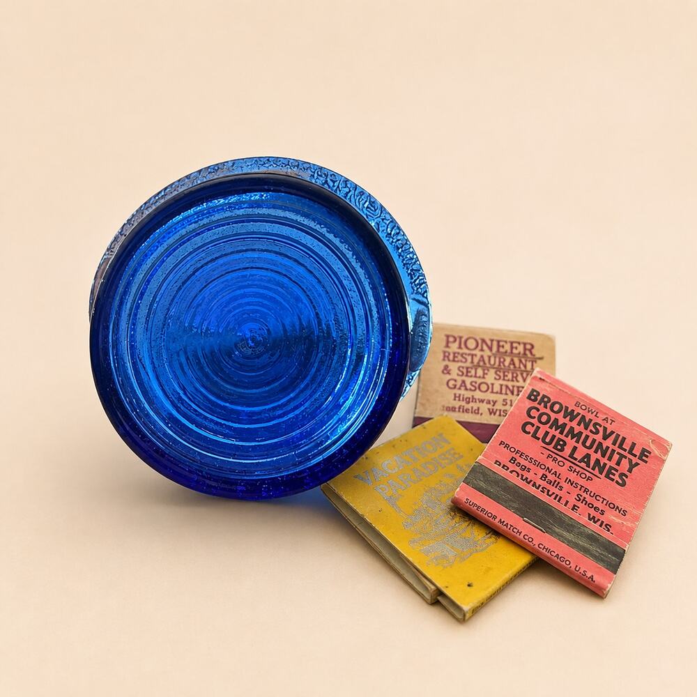 Cobalt Blue Glass Top Hat Ashtray 3 Advertising Matchbooks Vintage MCM - Picture 2 of 2